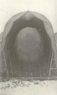 Polar airship America emerging from its Arctic hangar August 1909.